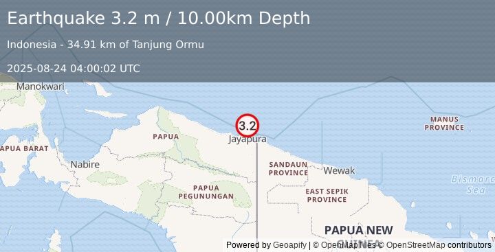 Earthquake NEAR N COAST OF PAPUA, INDONESIA (3.2 m) (2025-08-24 04:00:02 UTC)