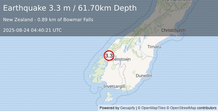 Earthquake SOUTH ISLAND OF NEW ZEALAND (3.3 m) (2025-08-24 04:40:21 UTC)