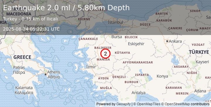 Earthquake WESTERN TURKEY (2.0 ml) (2025-08-24 05:22:31 UTC)
