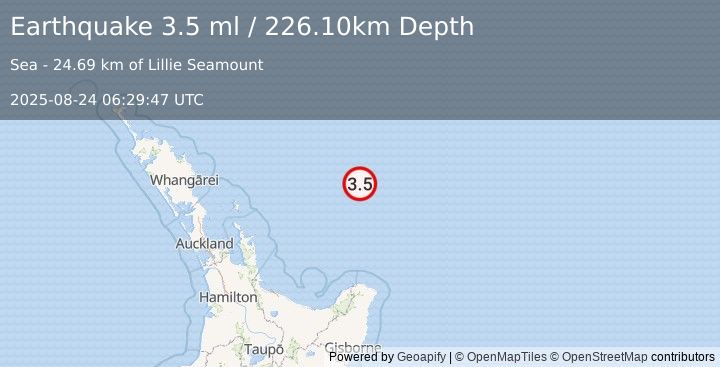 Earthquake OFF E. COAST OF N. ISLAND, N.Z. (3.5 ml) (2025-08-24 06:29:47 UTC)