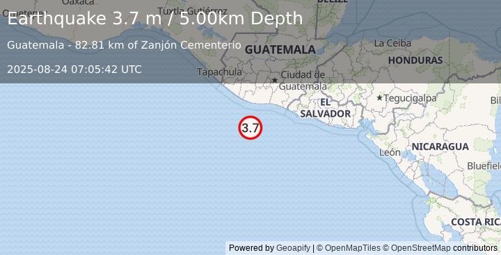 Earthquake OFFSHORE GUATEMALA (3.7 m) (2025-08-24 07:05:42 UTC)