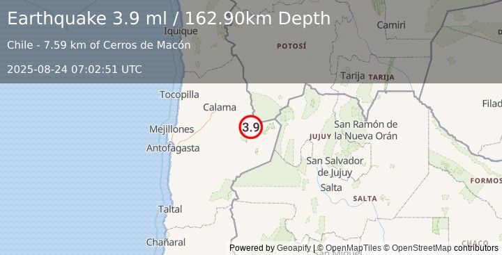 Earthquake ANTOFAGASTA, CHILE (3.9 ml) (2025-08-24 07:02:51 UTC)