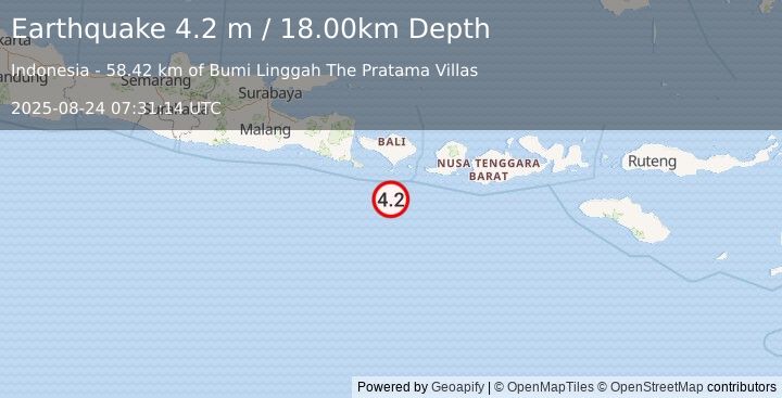Earthquake SOUTH OF BALI, INDONESIA (4.2 m) (2025-08-24 07:31:14 UTC)