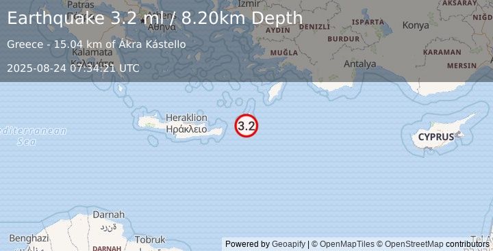Earthquake DODECANESE ISLANDS, GREECE (3.2 ml) (2025-08-24 07:34:21 UTC)