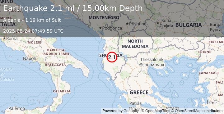 Earthquake ALBANIA (2.1 ml) (2025-08-24 07:49:59 UTC)