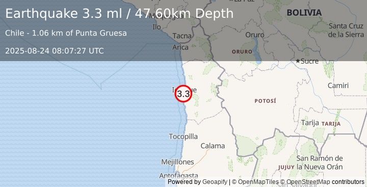 Earthquake OFFSHORE TARAPACA, CHILE (3.3 ml) (2025-08-24 08:07:27 UTC)