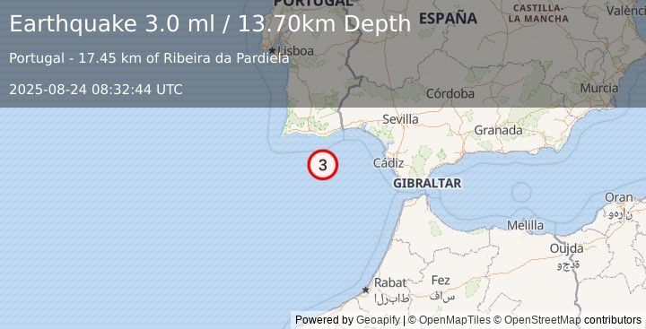 Earthquake STRAIT OF GIBRALTAR (3.0 ml) (2025-08-24 08:32:44 UTC)