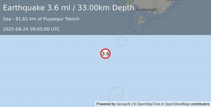Earthquake OFF W. COAST OF S. ISLAND, N.Z. (3.6 ml) (2025-08-24 09:05:00 UTC)