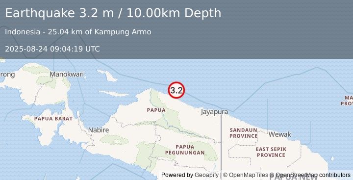 Earthquake NEAR N COAST OF PAPUA, INDONESIA (3.2 m) (2025-08-24 09:04:19 UTC)