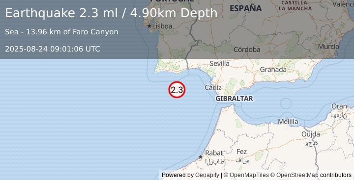 Earthquake STRAIT OF GIBRALTAR (2.3 ml) (2025-08-24 09:01:06 UTC)