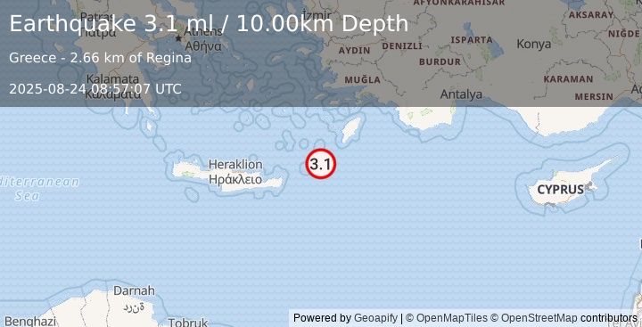 Earthquake DODECANESE ISLANDS, GREECE (3.1 ml) (2025-08-24 08:57:07 UTC)