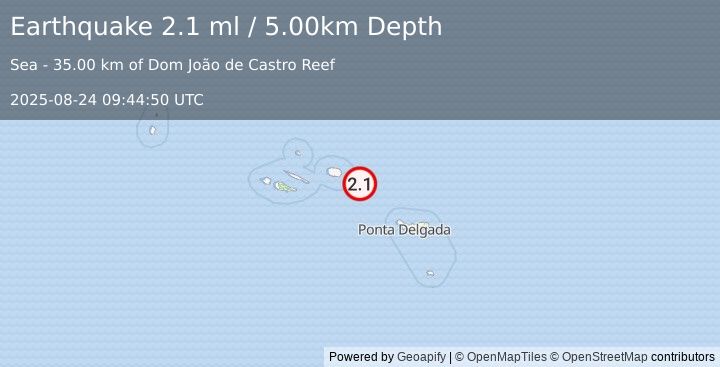 Earthquake AZORES ISLANDS, PORTUGAL (2.1 ml) (2025-08-24 09:44:50 UTC)