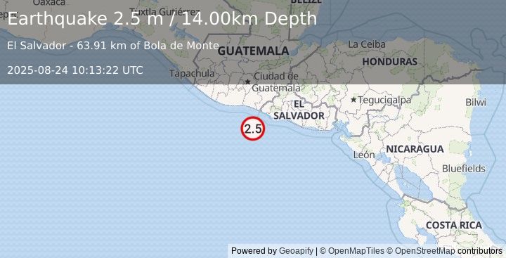 Earthquake OFFSHORE EL SALVADOR (2.5 m) (2025-08-24 10:13:22 UTC)