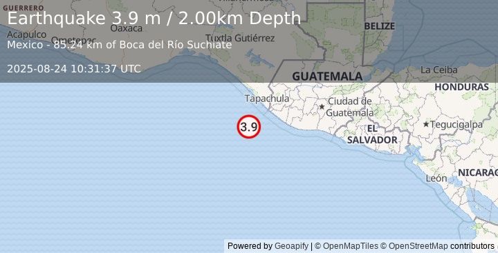 Earthquake OFFSHORE CHIAPAS, MEXICO (3.9 m) (2025-08-24 10:31:37 UTC)