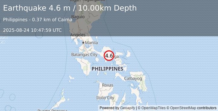 Earthquake LUZON, PHILIPPINES (4.6 m) (2025-08-24 10:47:59 UTC)