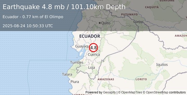 Earthquake NEAR COAST OF ECUADOR (4.8 mb) (2025-08-24 10:50:33 UTC)
