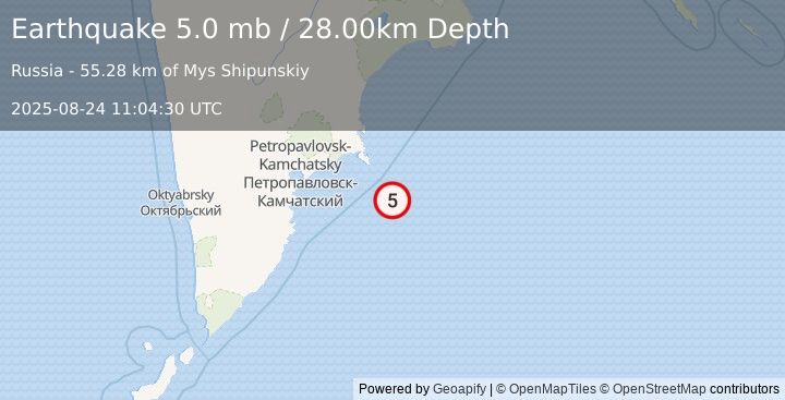 Earthquake OFF EAST COAST OF KAMCHATKA (4.9 mb) (2025-08-24 11:04:29 UTC)