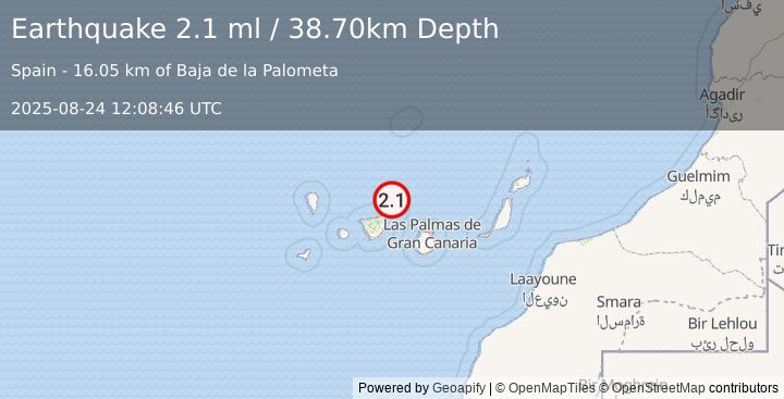 Earthquake CANARY ISLANDS, SPAIN REGION (2.1 ml) (2025-08-24 12:08:46 UTC)