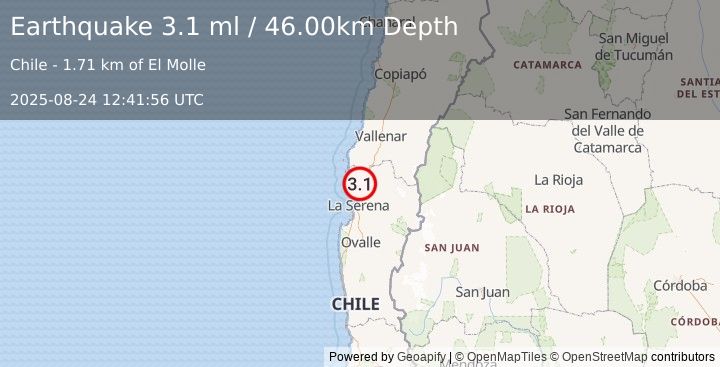 Earthquake COQUIMBO, CHILE (3.1 ml) (2025-08-24 12:41:56 UTC)