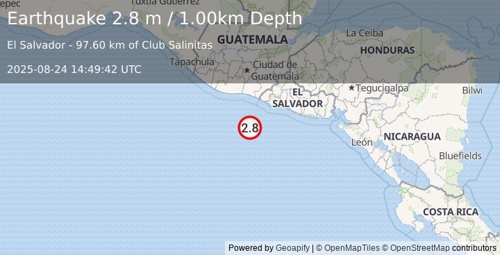 Earthquake OFFSHORE EL SALVADOR (2.8 m) (2025-08-24 14:49:42 UTC)