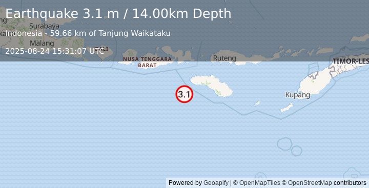 Earthquake SOUTH OF SUMBAWA, INDONESIA (3.1 m) (2025-08-24 15:31:07 UTC)