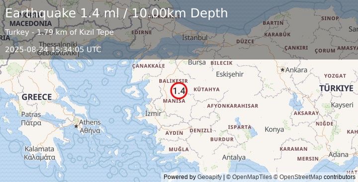 Earthquake WESTERN TURKEY (1.0 ml) (2025-08-24 15:33:22 UTC)
