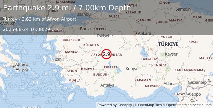 Earthquake WESTERN TURKEY (2.8 ml) (2025-08-24 16:08:29 UTC)