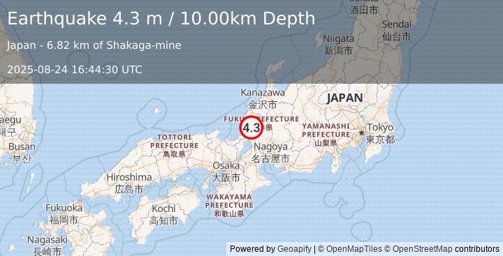 Earthquake WESTERN HONSHU, JAPAN (4.3 m) (2025-08-24 16:44:30 UTC)