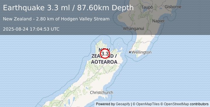 Earthquake SOUTH ISLAND OF NEW ZEALAND (3.3 ml) (2025-08-24 17:04:53 UTC)