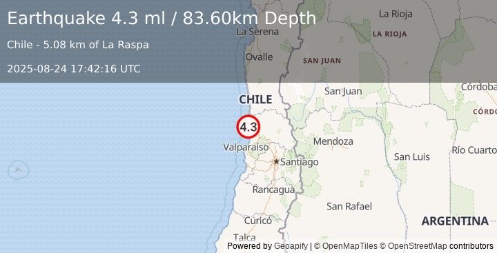 Earthquake VALPARAISO, CHILE (4.2 ml) (2025-08-24 17:42:17 UTC)