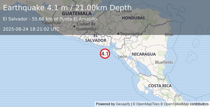 Earthquake OFFSHORE EL SALVADOR (4.1 m) (2025-08-24 18:21:02 UTC)