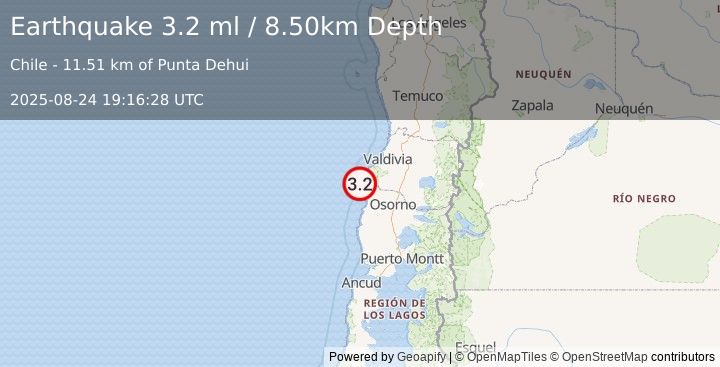 Earthquake OFFSHORE LOS LAGOS, CHILE (3.2 ml) (2025-08-24 19:16:28 UTC)