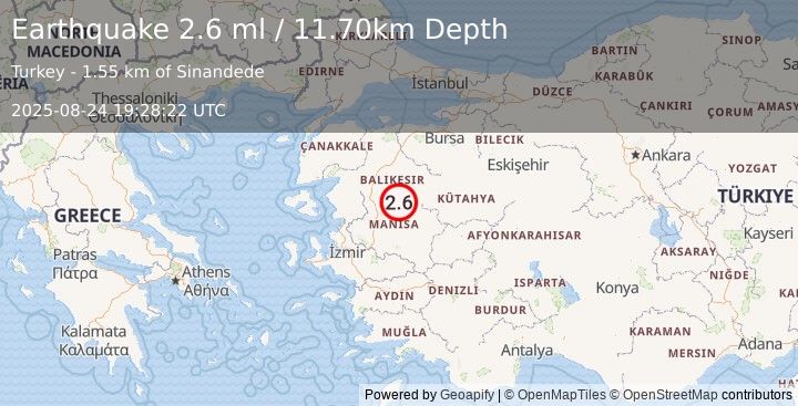 Earthquake WESTERN TURKEY (2.5 ml) (2025-08-24 19:28:22 UTC)