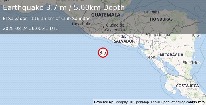 Earthquake OFF THE COAST OF EL SALVADOR (3.7 m) (2025-08-24 20:00:44 UTC)