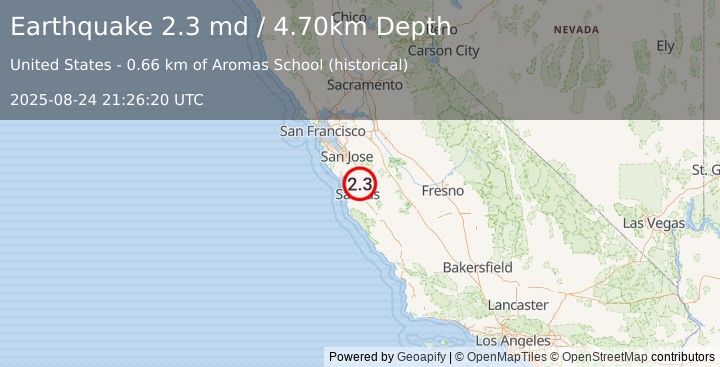 Earthquake CENTRAL CALIFORNIA (2.3 md) (2025-08-24 21:26:20 UTC)