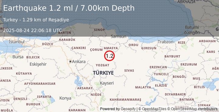 Earthquake CENTRAL TURKEY (1.2 ml) (2025-08-24 22:06:18 UTC)