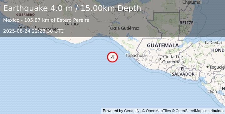 Earthquake OFF COAST OF CHIAPAS, MEXICO (4.0 m) (2025-08-24 22:28:30 UTC)