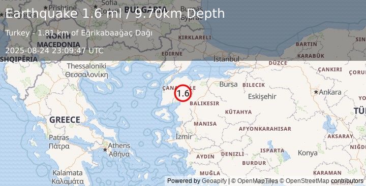 Earthquake WESTERN TURKEY (1.6 ml) (2025-08-24 23:09:47 UTC)