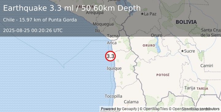 Earthquake OFFSHORE TARAPACA, CHILE (3.3 ml) (2025-08-25 00:20:26 UTC)