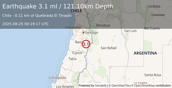 Earthquake LIBERTADOR O'HIGGINS, CHILE (3.1 ml) (2025-08-25 00:19:17 UTC)