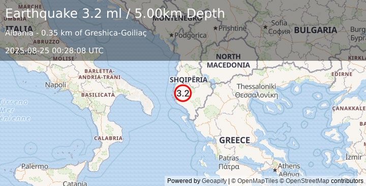 Earthquake ALBANIA (3.1 ml) (2025-08-25 00:28:08 UTC)