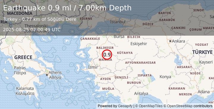 Earthquake WESTERN TURKEY (0.9 ml) (2025-08-25 02:00:49 UTC)