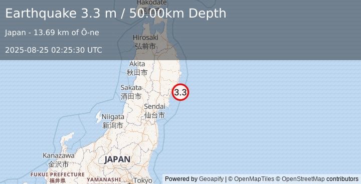 Earthquake NEAR EAST COAST OF HONSHU, JAPAN (3.3 m) (2025-08-25 02:25:30 UTC)