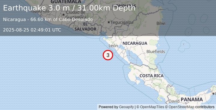 Earthquake NEAR COAST OF NICARAGUA (3.0 m) (2025-08-25 02:49:01 UTC)