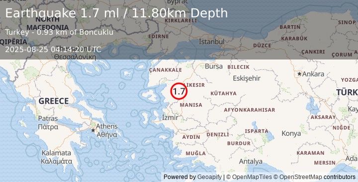 Earthquake WESTERN TURKEY (1.2 ml) (2025-08-25 04:13:53 UTC)