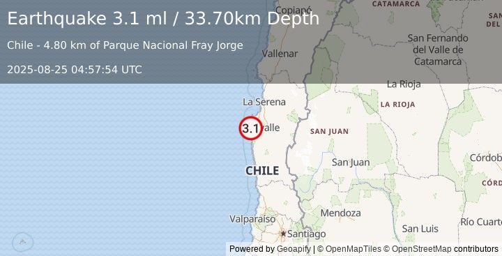 Earthquake COQUIMBO, CHILE (3.1 ml) (2025-08-25 04:57:54 UTC)