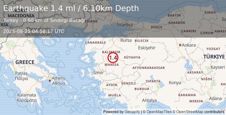 Earthquake WESTERN TURKEY (1.4 ml) (2025-08-25 04:58:17 UTC)