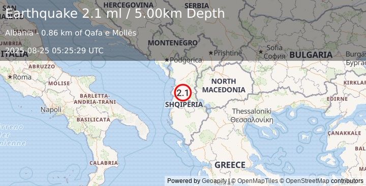 Earthquake ALBANIA (2.2 ml) (2025-08-25 05:25:27 UTC)
