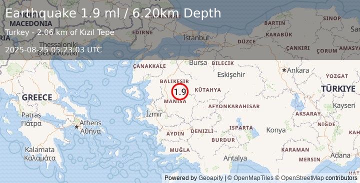 Earthquake WESTERN TURKEY (1.9 ml) (2025-08-25 05:23:03 UTC)