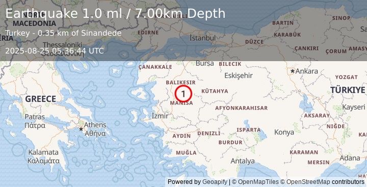 Earthquake WESTERN TURKEY (1.0 ml) (2025-08-25 05:36:44 UTC)